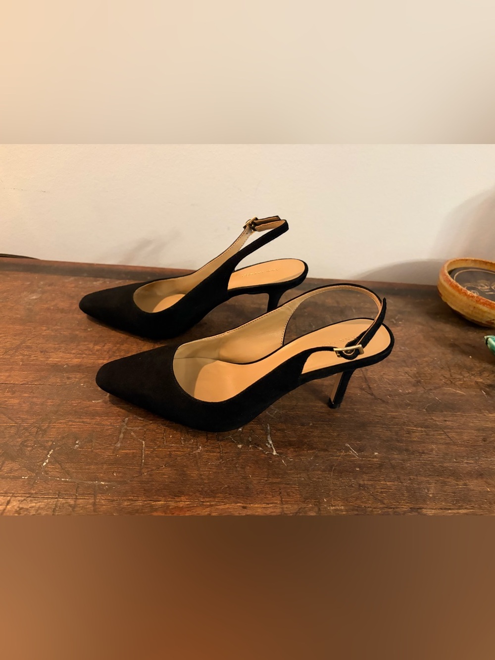 Ann Taylor Black Suede Slingback Heels Sz 6M Square Point Toe Minimalist